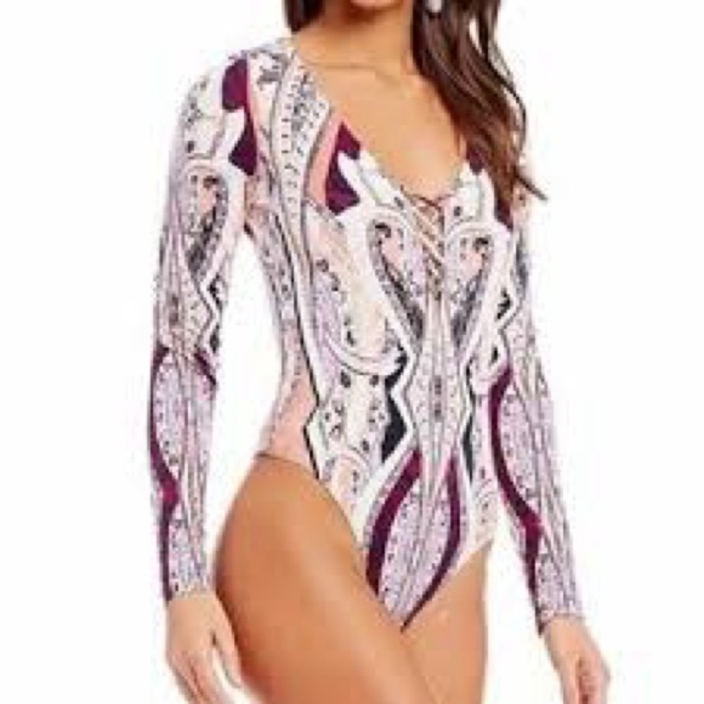 Free People Multicolor Long Sleeve Bodysuit PS